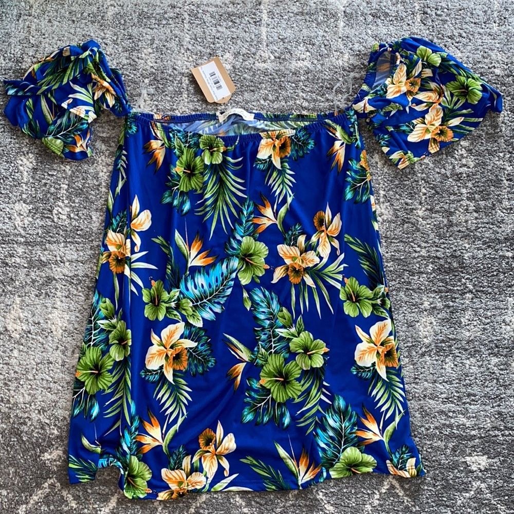 New Women’s Blue Tropical Off the Shoulder Top L